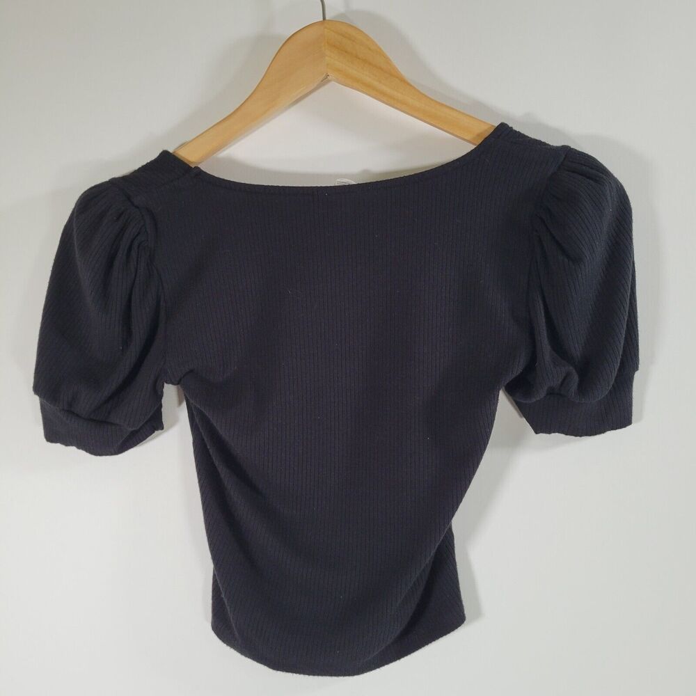 GARAGE Black Ribbed Top Size XS Cropped Puff Sleeve Square Neck 90s Y2K - Picture 2 of 7